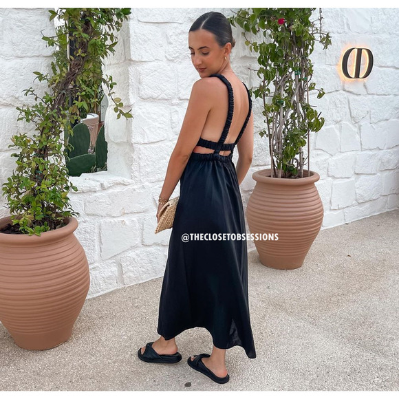 Zara Dresses & Skirts - ZARA Black Linen Blend Maxi Dress NWT V Neck Resort Vacation Dress M